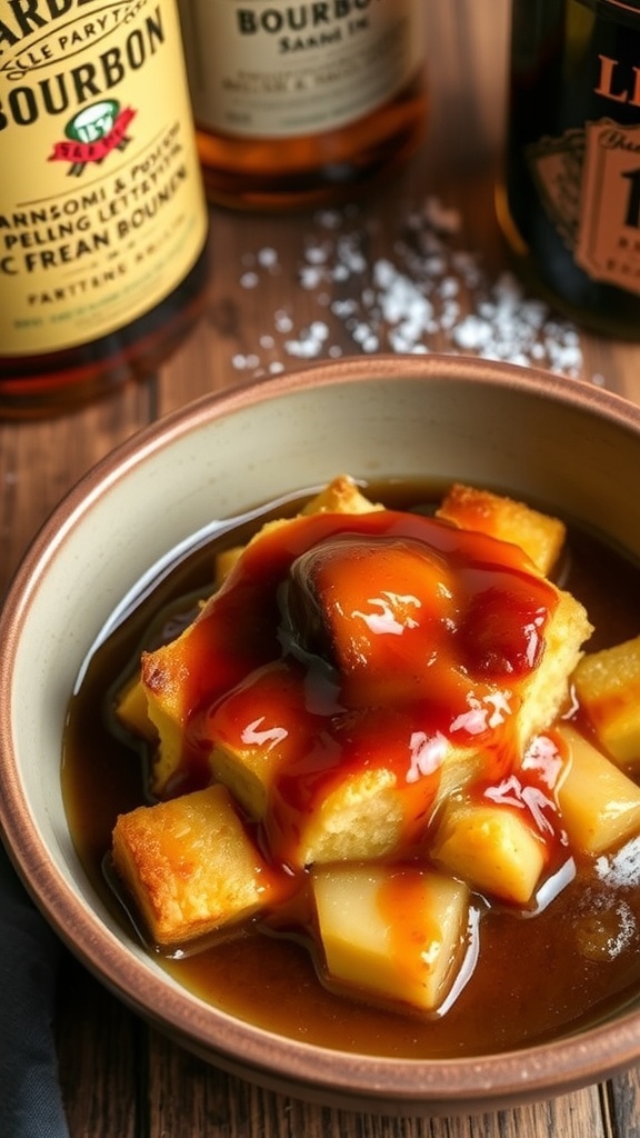 A bowl of bread pudding topped with bourbon sauce, garnished with powdered sugar, on a wooden table.